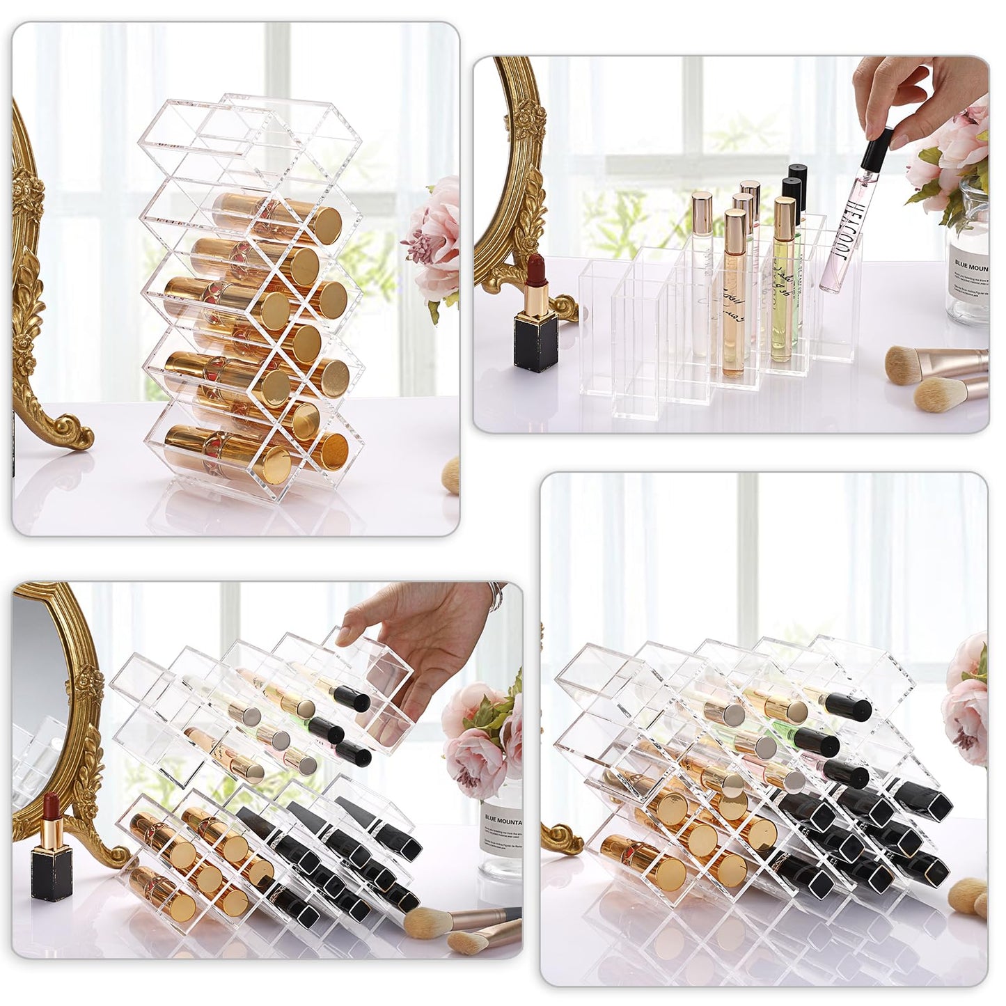 ELLDOO Rollerball Perfume Organizer, 14 Spaces Clear Acrylic Perfume Storage Holder Beauty Scent Holder, Stackable Makeup Lipgloss Lipstick Display Case Lip Gloss Storage Stand