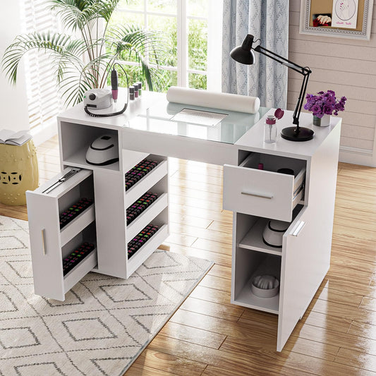 Manicure Table Nail Desk for Nail Tech with Glass Top & Wrist Rest, Acetone Resistant Nail Table Station with 4 Dust Bags, Beauty Salon Nail Supplies Workstation with Drawers Storage Cabinets, White