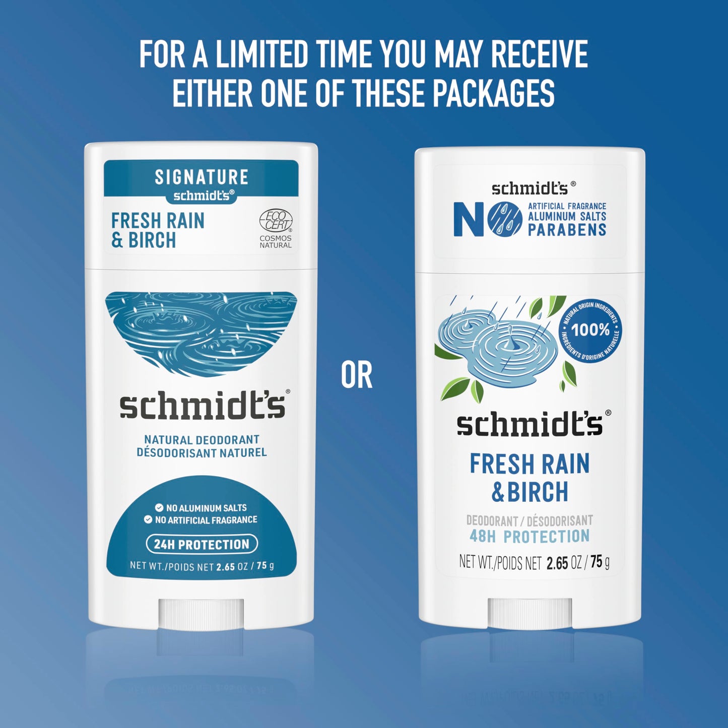 Schmidt's Aluminum-Free Vegan Deodorant Fresh Rain & Birch with 24 Hour Odor Protection, 2 Count for Women and Men, Natural Ingredients, Cruelty-Free, 2.65 oz