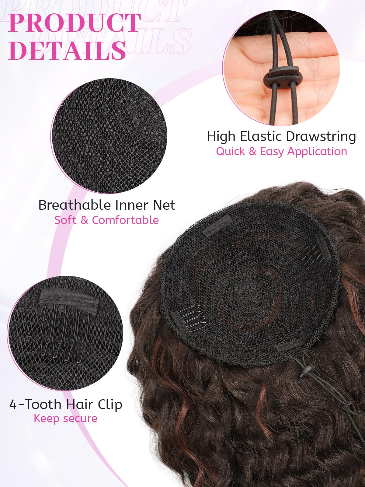 Isaic Ponytail Extension 16 Inch Long Wavy Curly Ponytails Drawstring Ponytail for Black Women Brown With Lighter Brown Highlights Pony Tails Hair Extensions Synthetic Hairpiece for Daily Use