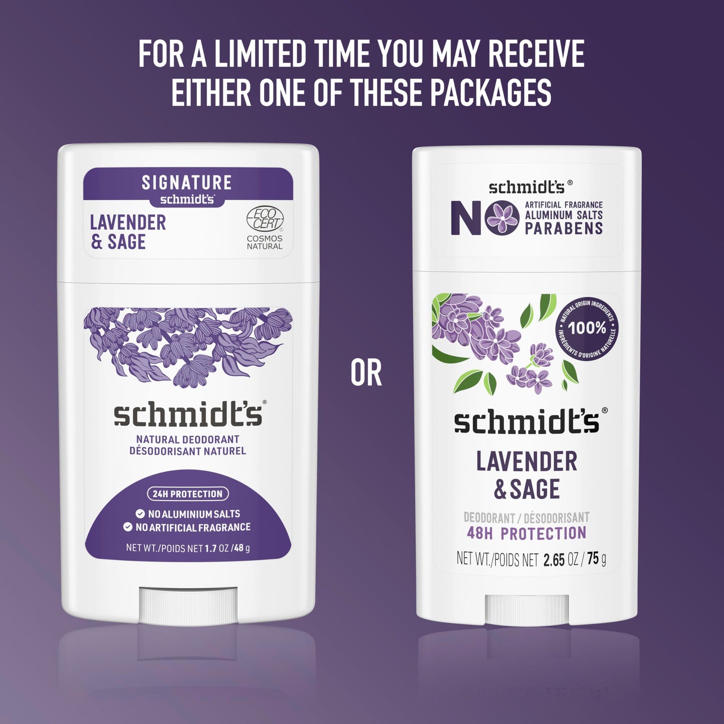 Schmidt's Aluminum-Free Vegan Deodorant Lavender & Sage with 24 Hour Odor Protection, 2 Count for Women and Men, Natural Ingredients, Cruelty-Free, 2.65 oz