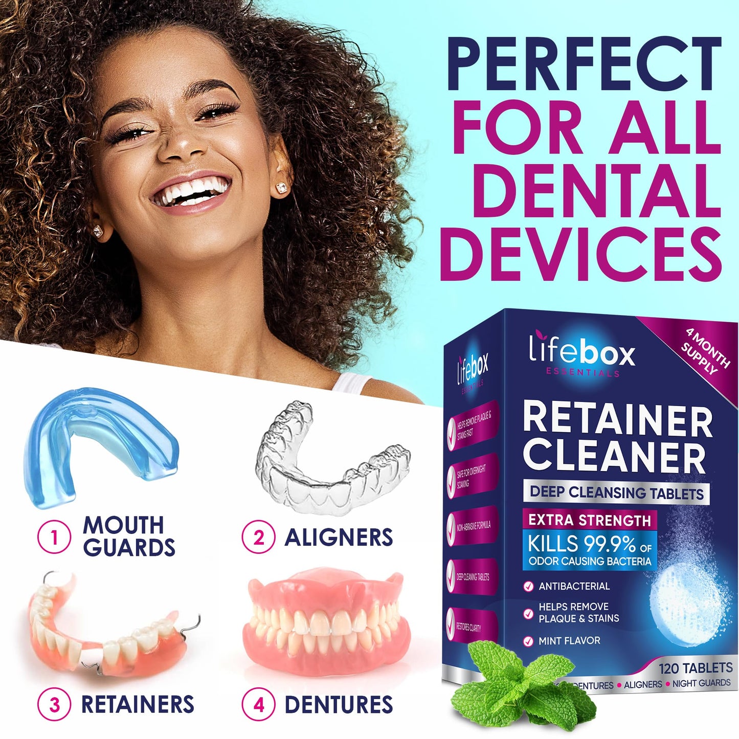 Retainer Cleaner Tablets - 120 Denture Cleaning Tablets & Aligner Cleaner - Removes Odors & Stains – For Aligners, Retainers, Dentures, Night Guards - Mint Flavor