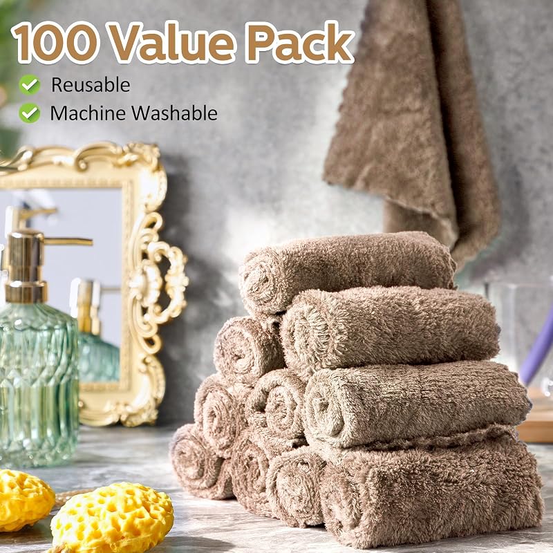 Brown 100-Pack Microfiber Washcloths 12x12 In - Ultra-Soft Baby & Everyday Use