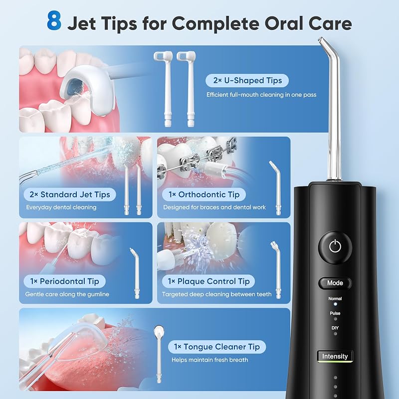 Cordless Water Flosser with U-Shaped Tip, 350ml Tank, 3 Modes – Included 8 Tips, Black (Variation of THIS listing: Black)