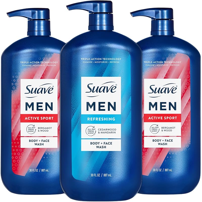 Suave Men Body Wash Bundle – Energizing Sport & Refreshing 30 Oz Each (3-Piece)