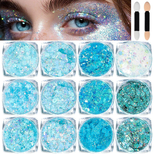 Body Glitter Face Glitter, Hair Glitter for Kids, 12 Shapes Fine Chunky Glitter Gel for Women Girls Makeup Sparkles Party Mermaid Sequins Rave Accessories Singer Concerts Festival (Blue Scheme)