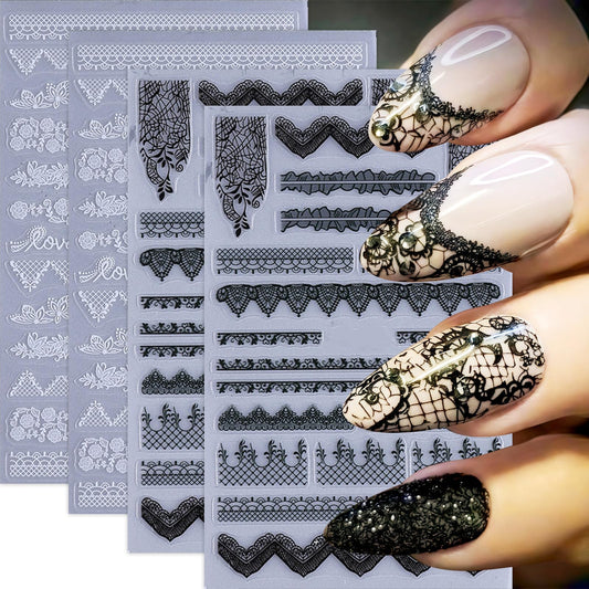 4 Sheets Lace Nail Art Stickers Black Flower Lace Nail Decals Self Adhesive 5D Micro Embossed Lace Flower French Tips Nail Designs Pegatinas Uñas Nail Supplies for Women DIY Acrylic Nails Decoration