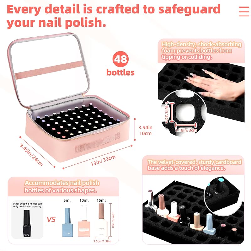 Derstuwe Nail Polish Organizer Case – 96 Bottle Capacity with Hard Bottom & Lamp Compartment (Pink)