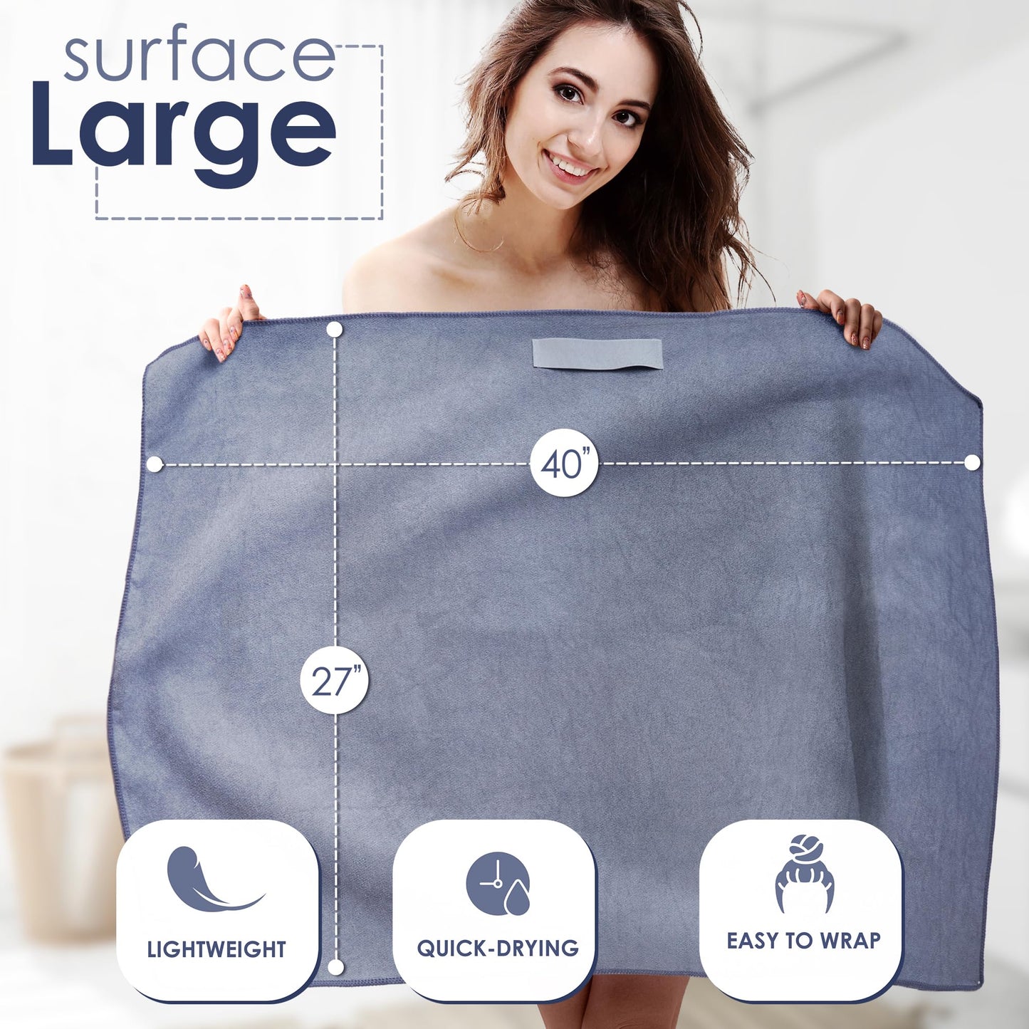 SimpleField Large Microfiber Hair Towel Wrap for Women (27x40 Inches). Anti Frizz Rectangle Drying Towel with Elastic Band for Long, Curly, and Thick Hair. Includes Reusable Carry Bag (Grey)