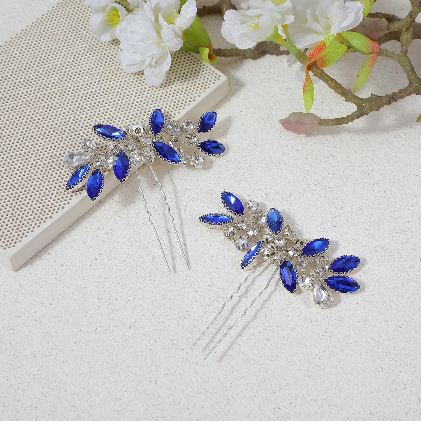 2Pcs Crystal Bridal Hair Pins, Rhinestone Royal Blue Hair Accessories, Decorative Sparkle Wedding Hairs Pins, Blue Silver Hairs Clips for Prom Women Girls Bridesmaids