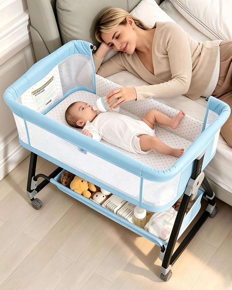 Feelogos Baby Bassinet Bedside Sleeper with Mattress, 6-Height Adjustable Co-Sleeper with Mesh, Storage - Blue