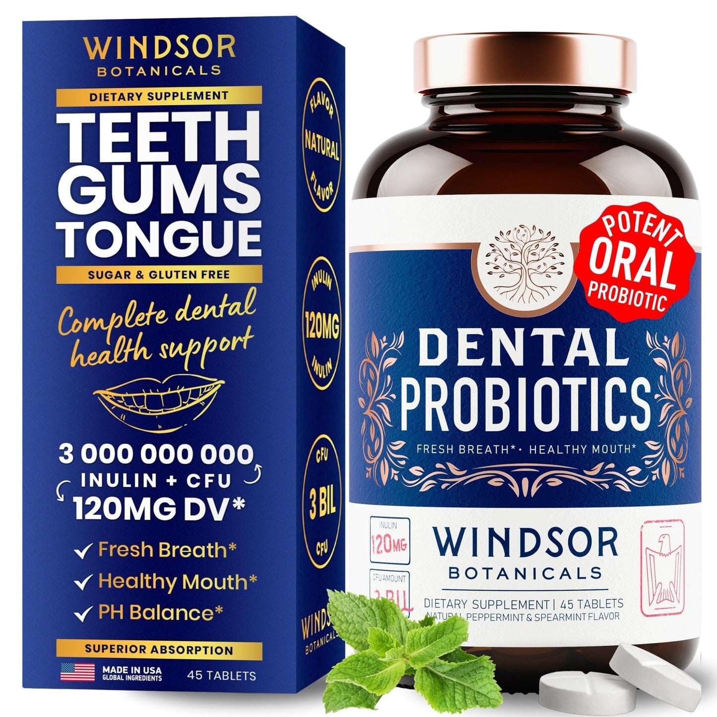 Oral Probiotics for Teeth and Gums - 3BN CFU Lactobacillus Salivarius Acidophilus Rhamnosus Streptococcus - Bad Breath Treatment for Adults - 45 Chewable Mint Dental Probiotic Tablets for Women & Men