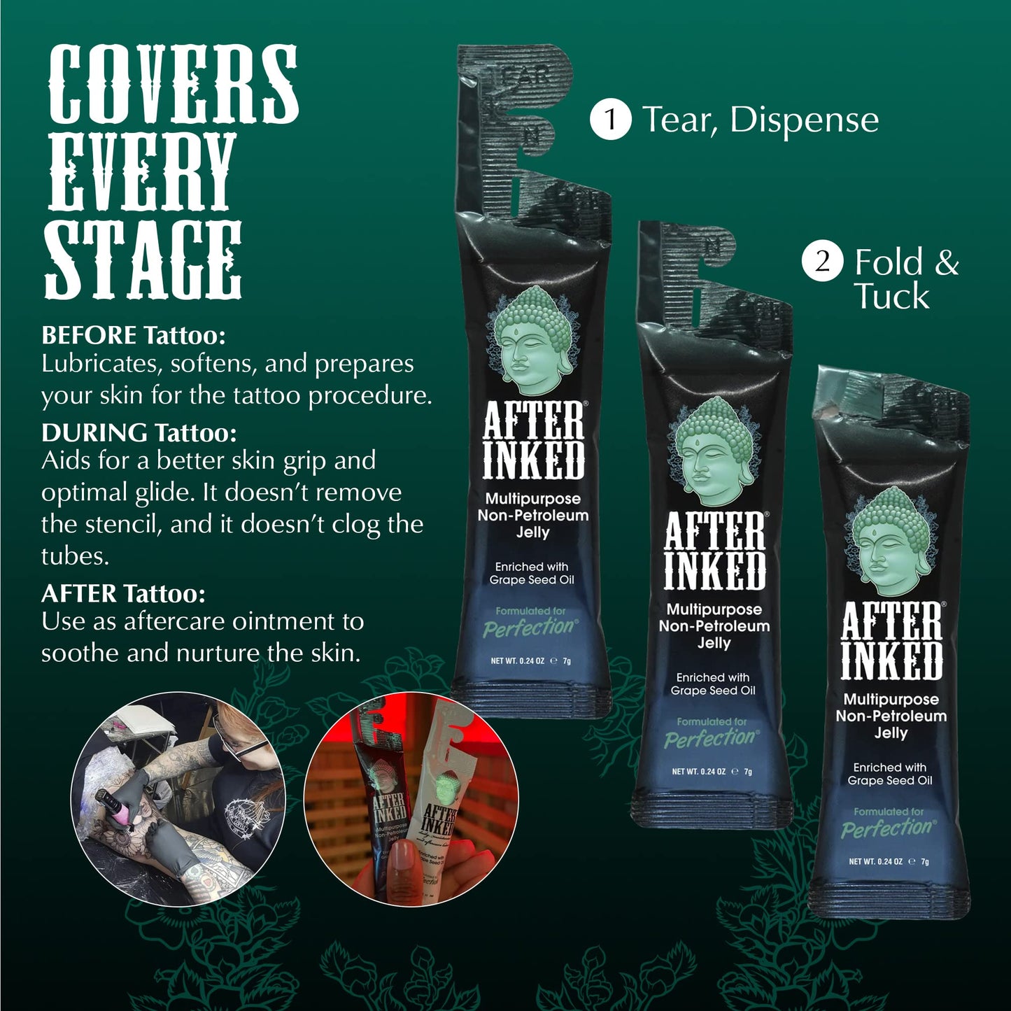 After Inked Tattoo Aftercare Non-Petroleum Jelly - With Grape Seed Oil, Essential for Tattoo Kit, PMU & Piercing Aftercare - Multipurpose Ointment - 7g Reclosable Packet (10-Pack)