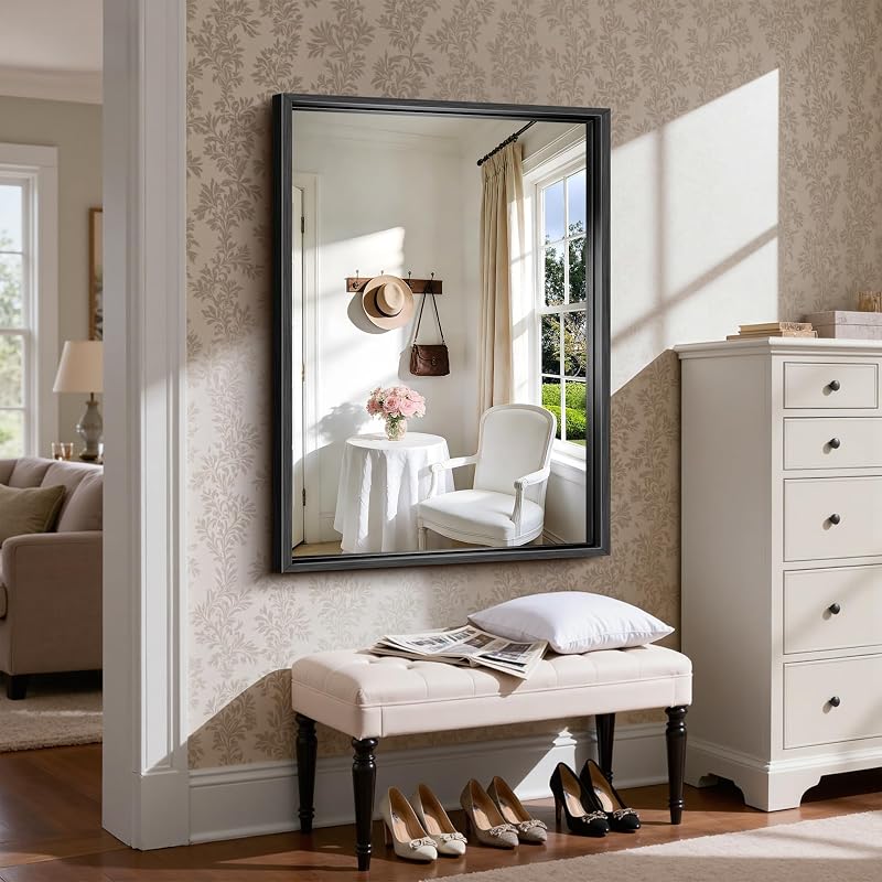 Circumi 30x42 Inch Brushed Black Rectangle Wall Mirror – Chunky Frame, Shatterproof Glass