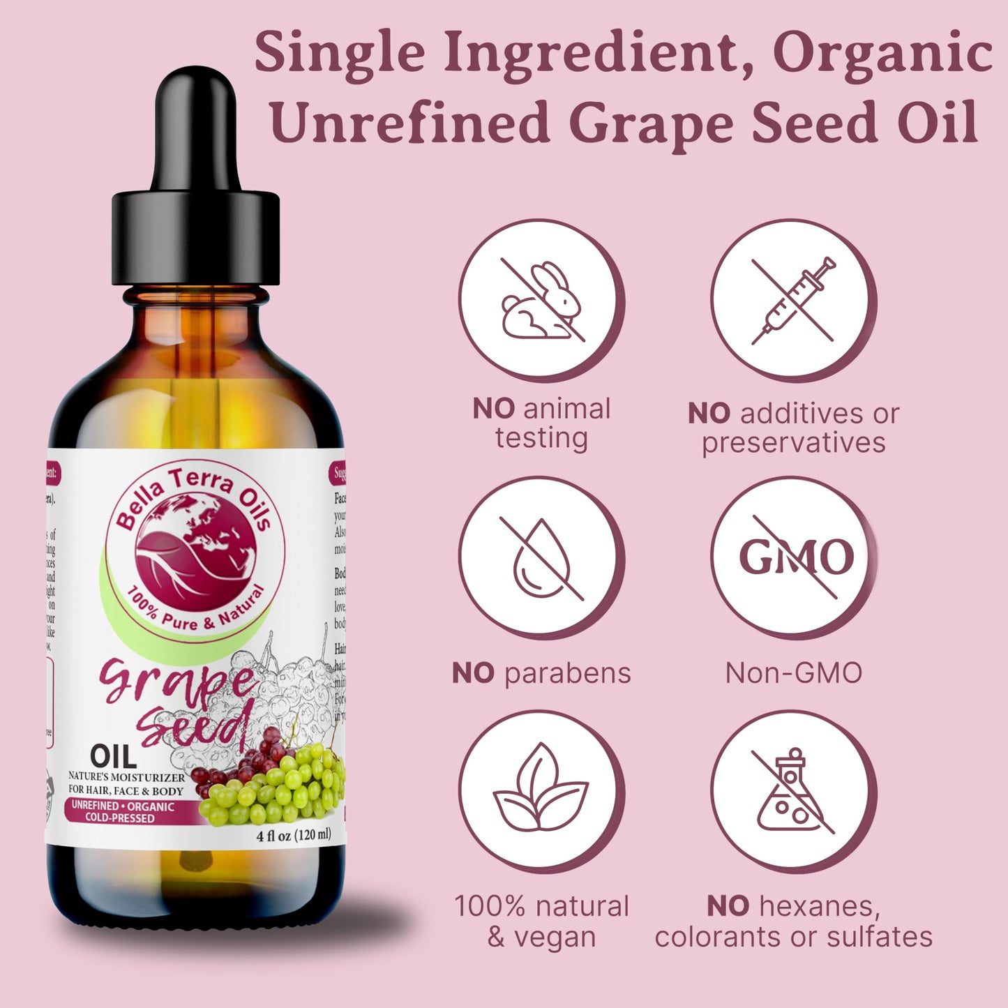 Bella Terra Oils - Organic Grape Seed Oil 16oz - Pure Organic Grape Extract, Enriched with Vitamin E & Resveratrol, Your Key to Luxurious Skin Care