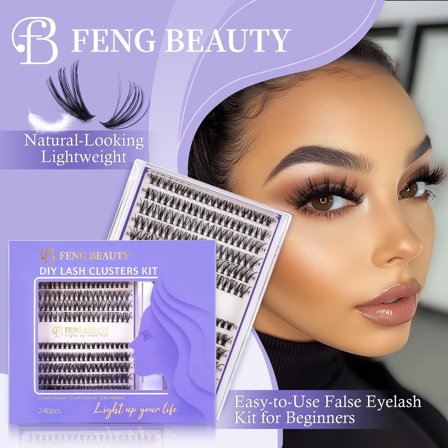 FENG BEAUTY Lash Clusters Kit – 240pcs Wispy Eyelash Clusters with Tweezer, Bond & Seal, 30D/40D, 10–16mm Fluffy Individual Lashes, Natural Look, Waterproof DIY Cluster Lash Extensions for Daily Wear