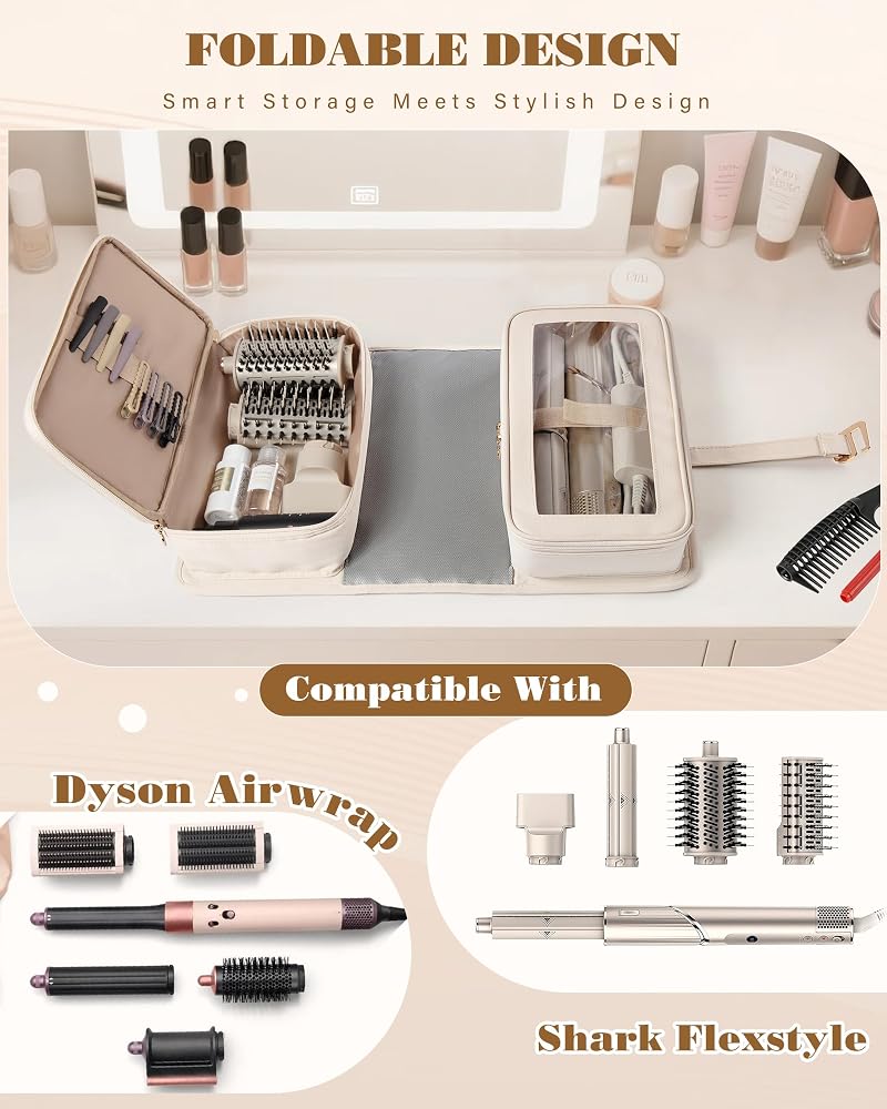 Beige Travel Hair Tools Bag with Heat-Resistant Mat & Organizer