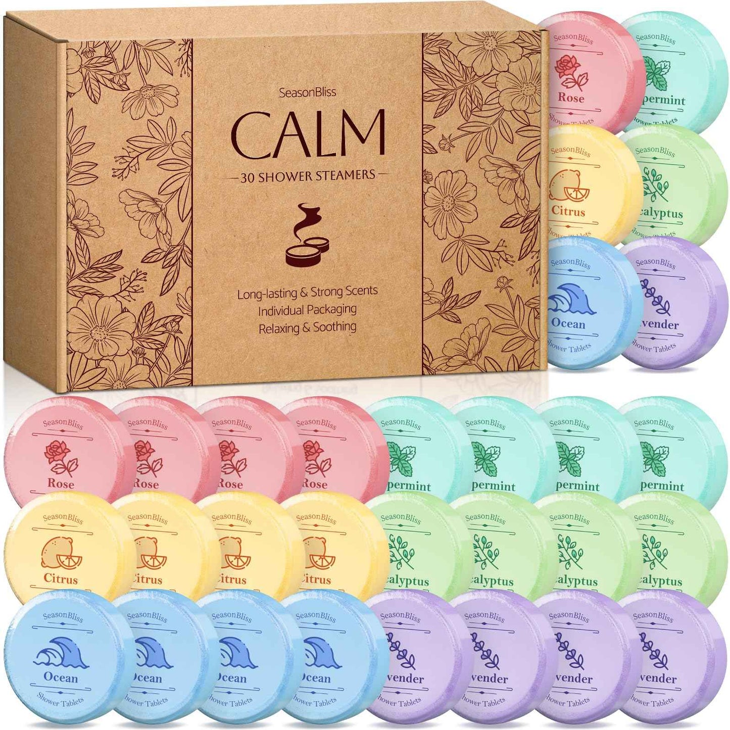 Shower Steamers 30 PCS with Individually Wrapped, Shower Bombs for Women with 6 Rich Scents, Rose Peppermint Citrus Eucalyptus Ocean Lavender, Christmas Birthday Mother's Day Present for Mom Wife Men
