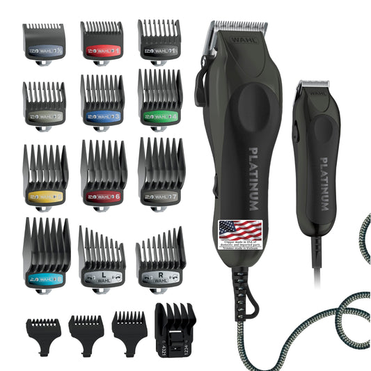 Wahl USA Pro Series Platinum Corded Clipper & Corded Trimmer for Home Haircutting with Color Coded Guide Combs – Model 79804-100