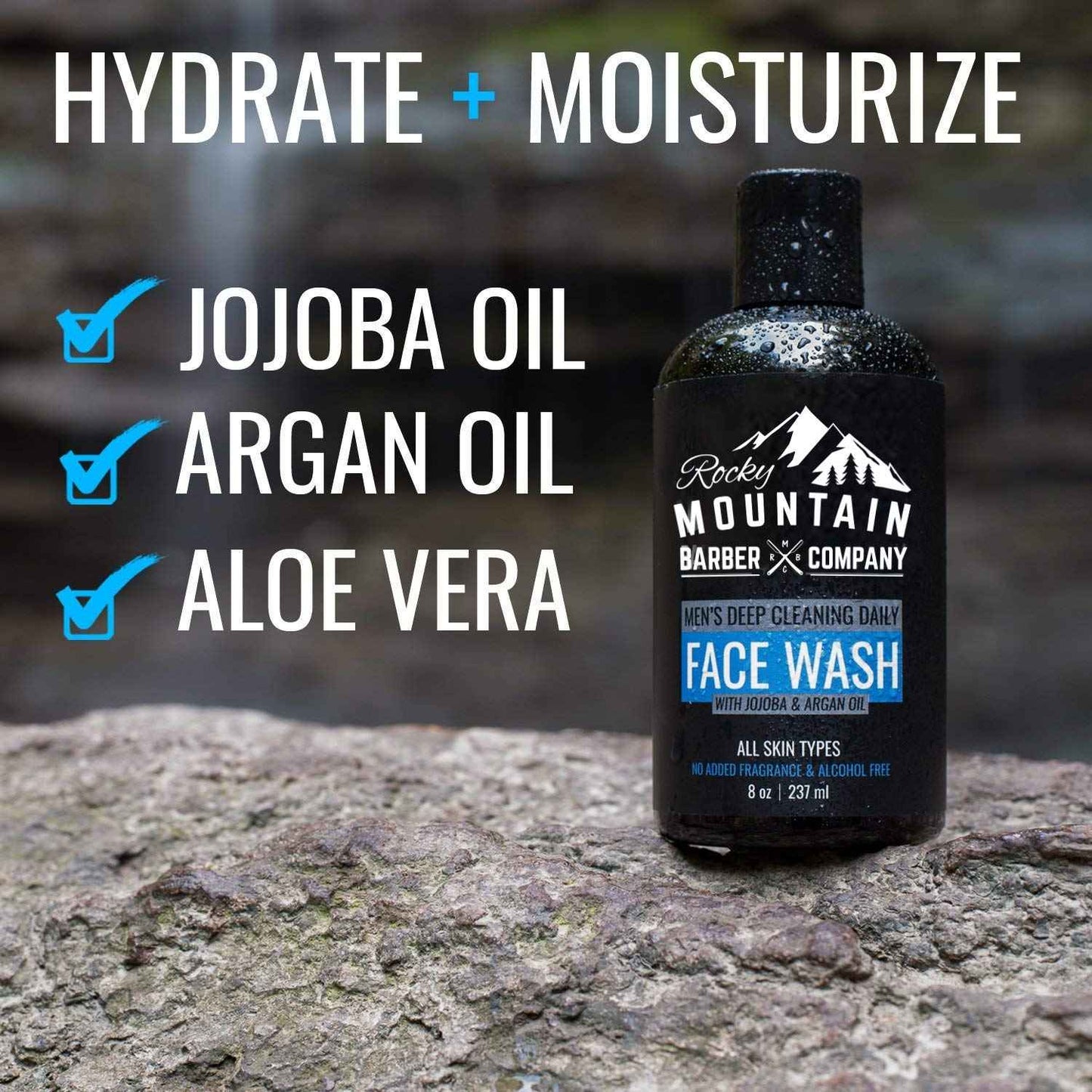 Rocky Mountain Barber Company Men's Daily Face Wash - With Jojoba Oil, Argan Oil, Chamomile Floral Water and Aloe Vera – Unscented - 8 oz