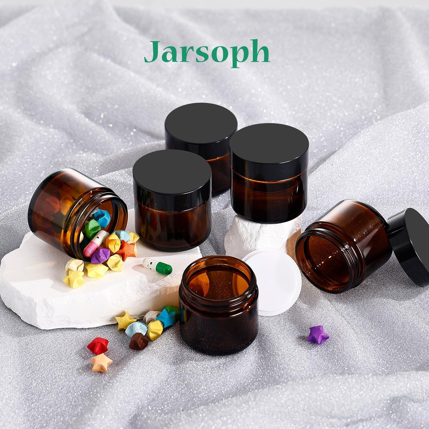 Jarsoph 2OZ Amber Glass Jars with lids, 36 Pack Empty Cosmetic Jars, Refillable Airtight Wide Mouth Container for DIY, Sample, Cream, Lotion, Candle Making, Powder, Cosmetic
