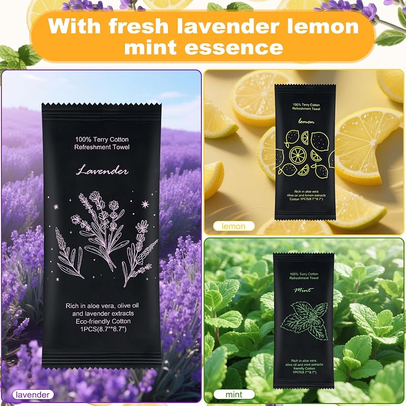 Moist Towelettes 60 Count with Lavender, Lemon & Mint – Individually Wrapped Cotton Towels