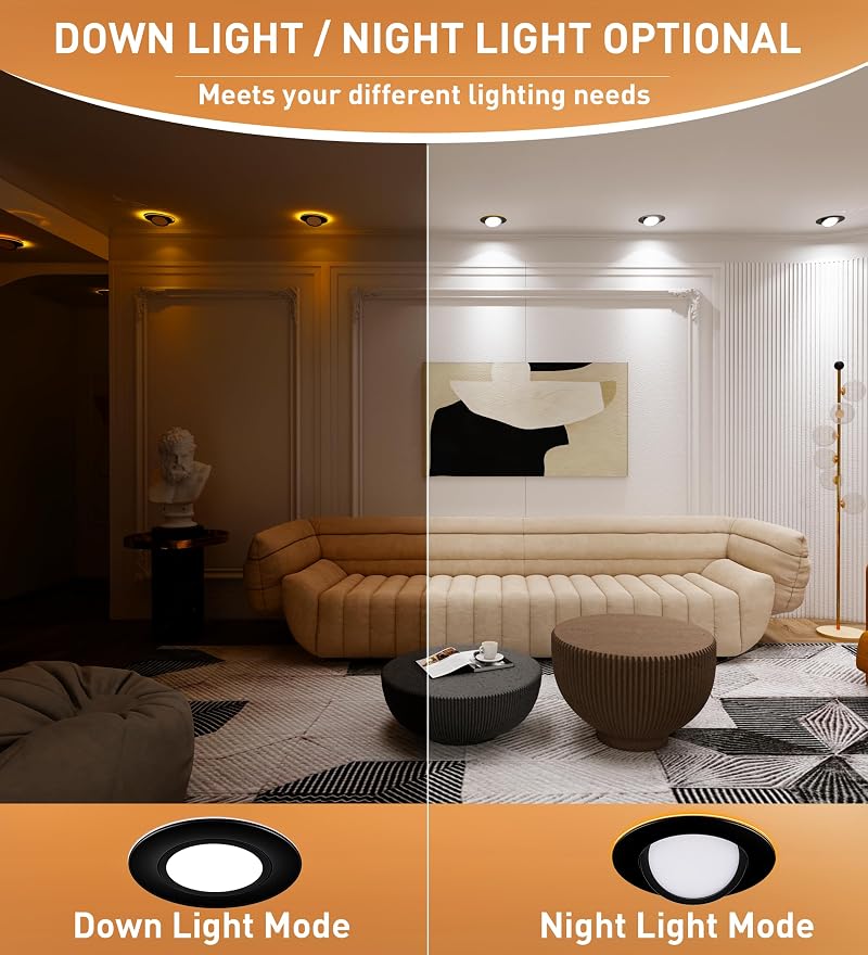 [5CCT] CLOUDY BAY 6" Recessed LED Downlight with Night Light, 12W 850LM 2700K-5000K, Black, Swivel Angled Canless