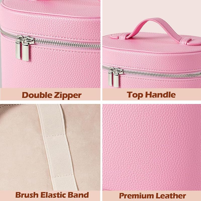 Large PU Leather Makeup Case with Removable Washable Dividers - Pink