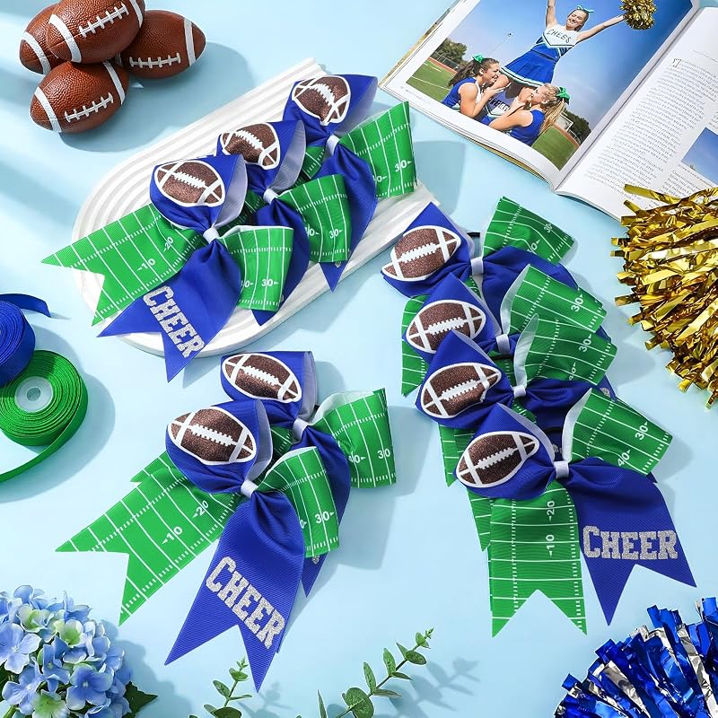 Blue Football Cheer Hair Bows 7" x20 Glitter Cheerleading Bows Variation: Blue