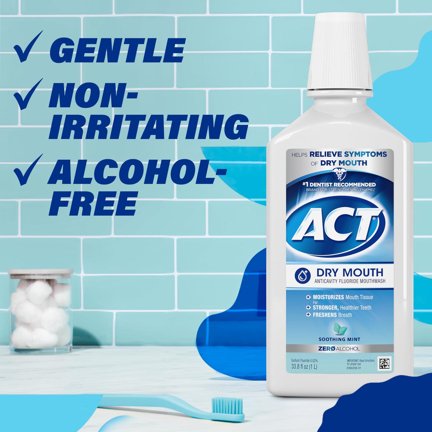 ACT Dry Mouth Anticavity Zero Alcohol Fluoride Mouthwash, Soothing Mint, 33.8 fl. oz.