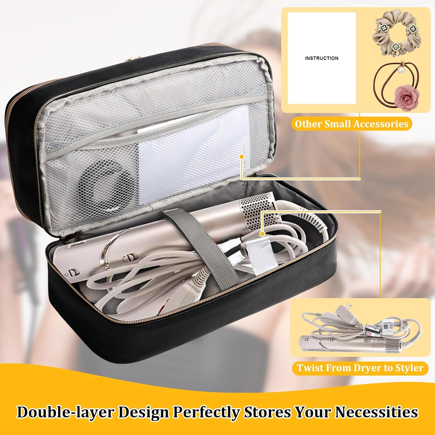 Shark Flex Style Travel Case - Double Layer Waterproof Organizer for Hair Dryer Attachments (Dianthus White)