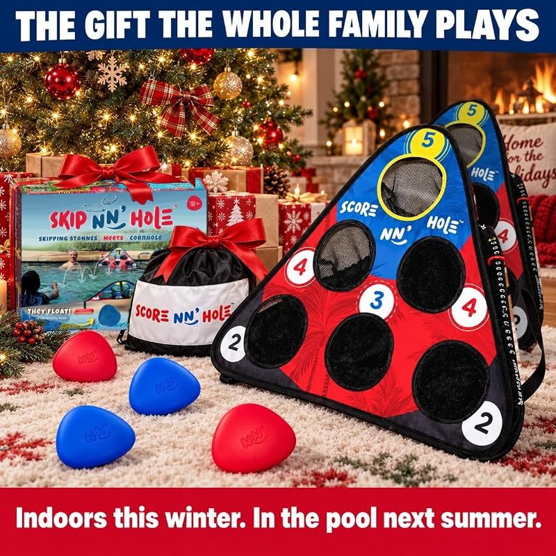 Skip N' Hole Floating Pool Cornhole Game Set (2 Targets) – Waterproof Stonne Skipping Toy