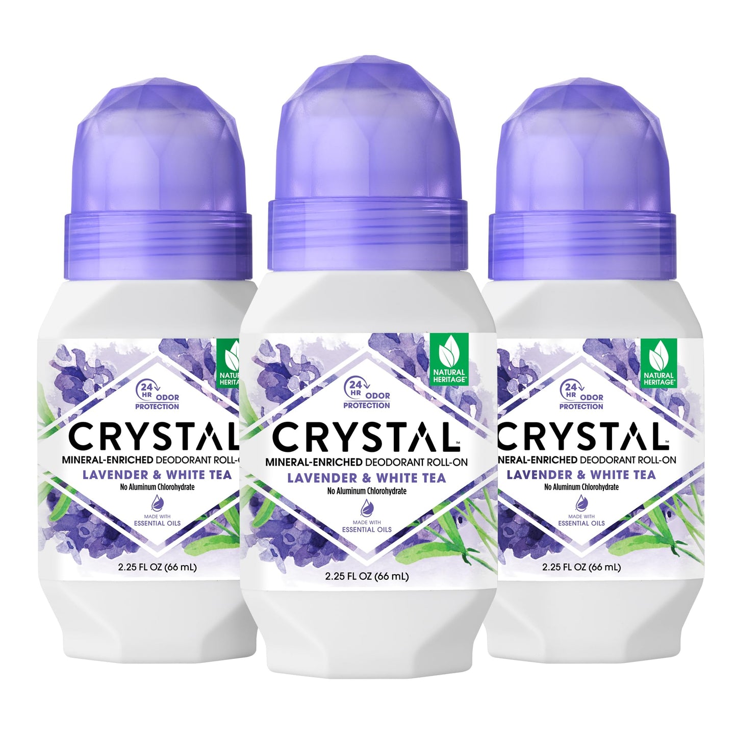 CRYSTAL Deodorant Aluminum Free Mineral Deodorant Roll-On for Women & Men, Lavender & White Tea - Paraben Free - Certified Cruelty Free & Vegan Deodorant - Prevents Odor Up to 24 Hours ,2.25 Fl Oz (Pack of 3),21661-3