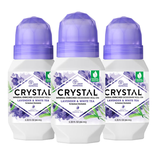 CRYSTAL Deodorant Aluminum Free Mineral Deodorant Roll-On for Women & Men, Lavender & White Tea - Paraben Free - Certified Cruelty Free & Vegan Deodorant - Prevents Odor Up to 24 Hours ,2.25 Fl Oz (Pack of 3),21661-3