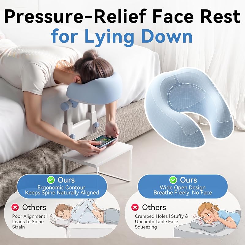 Airhop Adjustable Massage Headrest for Bed - 5"-18" Height, Soft Memory Foam Face Cradle (Blue)