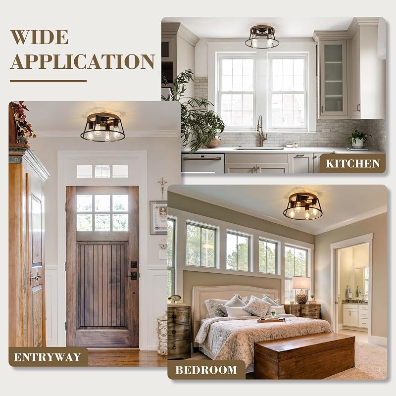 Farmhouse Wood Semi Flush Mount Ceiling Light Fixture, 4-Light Black Rustic Lamp - Black & Wood Variation