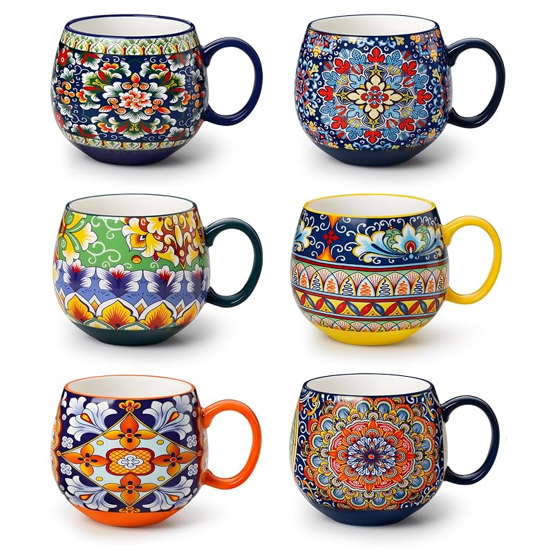18oz Set of 6 Ceramic Coffee Mugs - Colorful Bohemian SIMI Dinnerware