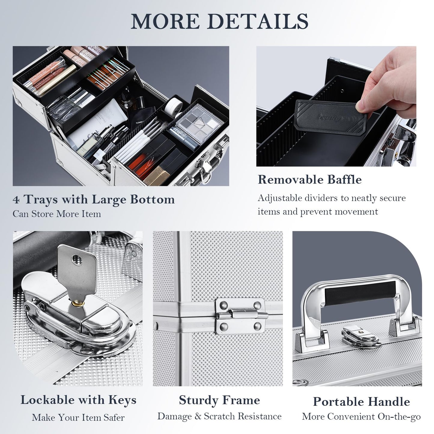 FRENESSA Makeup Train Case Makeup Organizer Box Portable Cosmetic Travel Case with Lock 4 Trays Aluminum Hard Vanity Box Make Up Artist Nail Beauty Storage Organizer Cosmetic Suitcase Bright Silver