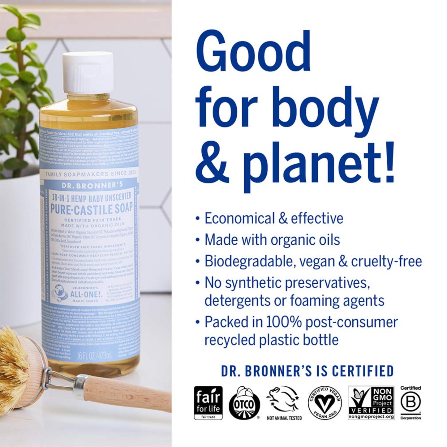 Dr. Bronner’s - Pure-Castile Liquid Soap (Baby Unscented, 16 Ounce) - Made with Organic Oils, 18-in-1 Uses: Face, Hair, Laundry & Dishes For Sensitive Skin & Babies, No Added Fragrance, Vegan, Non-GMO