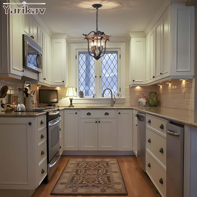 Farmhouse 4-Light Cage Chandelier - Black Metal & Faux Wood Flush Mount with Variation: Black & Imitation Wood Grain+4 Lights