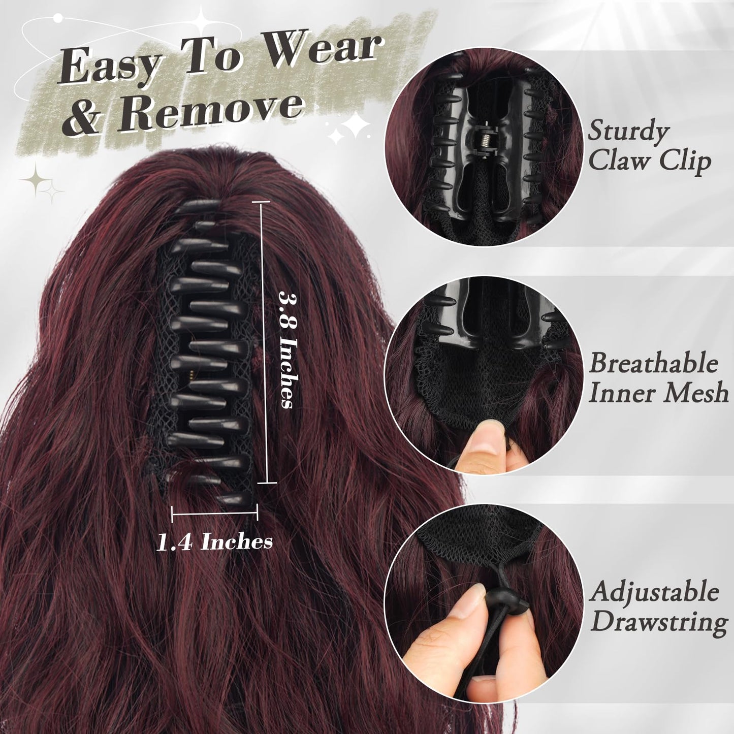 BARSDAR Red Ponytail Extension - 18 Inch Claw Clip Ponytail Hair Extensions for Women - Curly Wavy Multi Layered Synthetic Clip in Ponytail Hairpieces Daily Party Halloween - Dark Burgundy