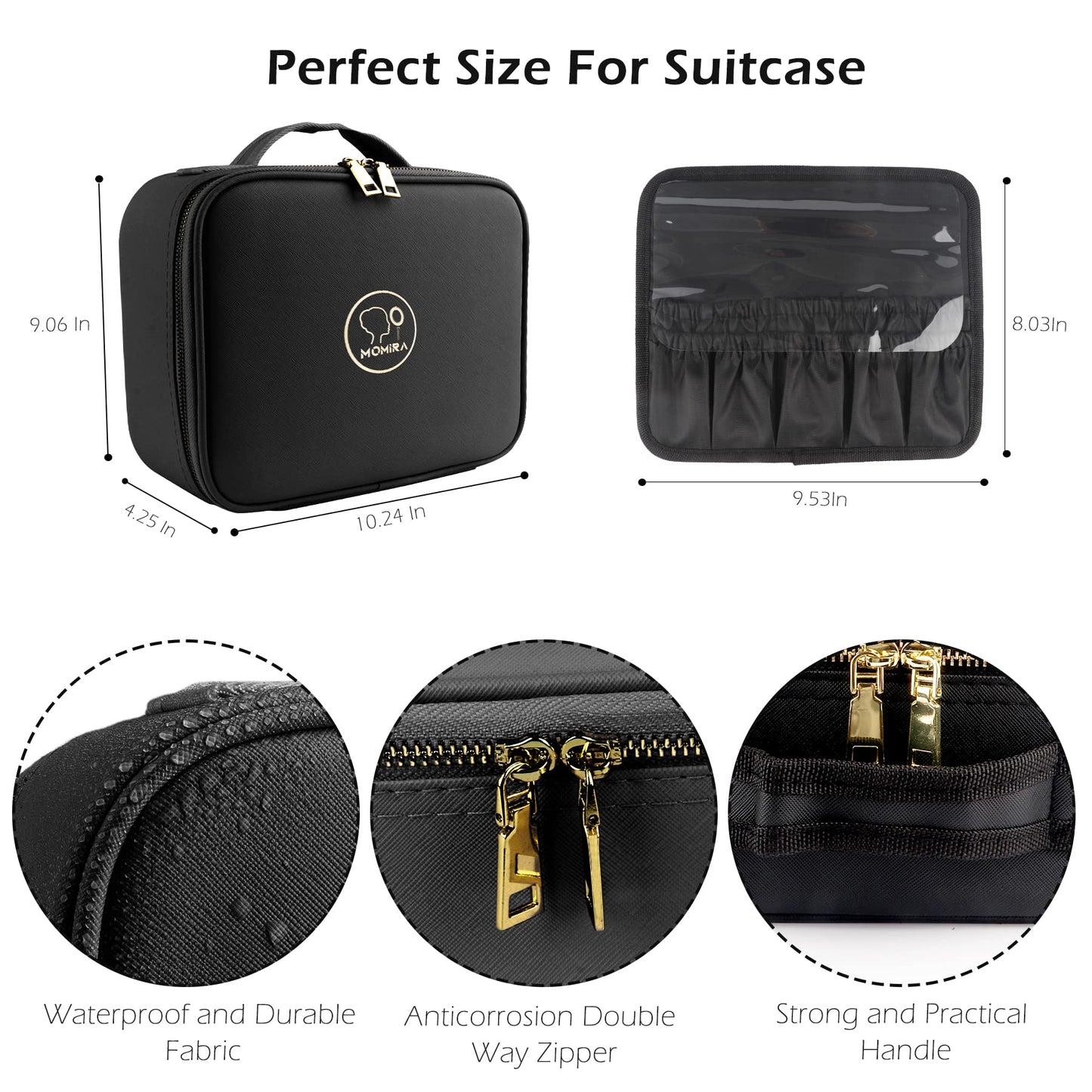 MOMIRA Travel Makeup Bag Cosmetic Bag Makeup Organizer Bag with Lighted Mirror, Adjustable Brightness in 3 Color Scenarios, Waterproof Makeup Train Case, Gift for Women - Black