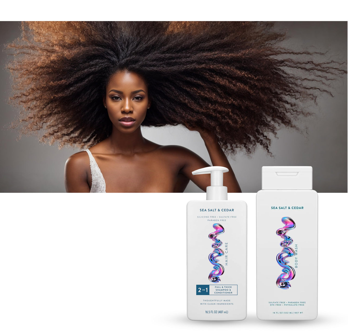 Hair and Body Wash - 2 in 1 Shampoo and Conditioner And Body Wash - Sea Salt & Cedar - Contain Naturally Derived Ingredients | All Hair - 16.5 and 18 FLOz - Pack Of 02