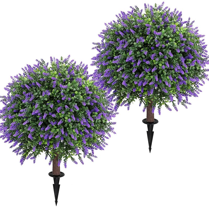 Lavender Topiary Ball Tree with Ground Spike – 25" Artificial Plant, Set of 2 (Variation: Lavender)