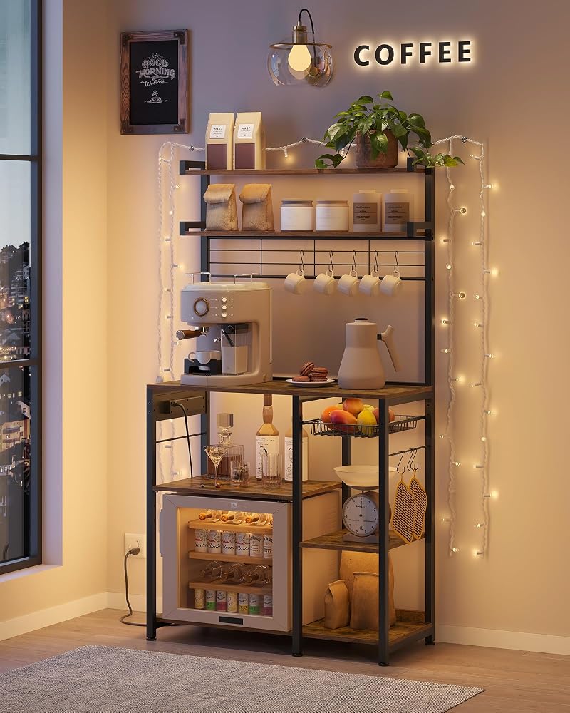 VASAGLE Rustic Brown 35.4W Baker's Rack with Power Outlet, 2 Lower Shelves & 8 Hooks