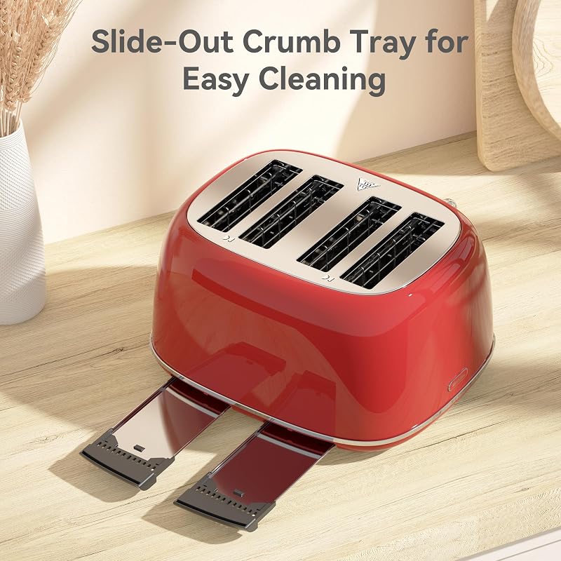 KITCHMIX 4-Slice Retro Toaster with 6 Shade Settings, 1.5" Wide Slots, Dual Controls, Red