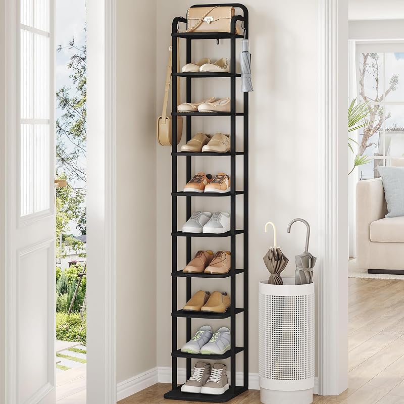 Vertical 10-Tier Shoe Rack Organizer – Free Standing 67.3" Tall, Black with 2 Side Hooks (Variation: Black+10 Tier)