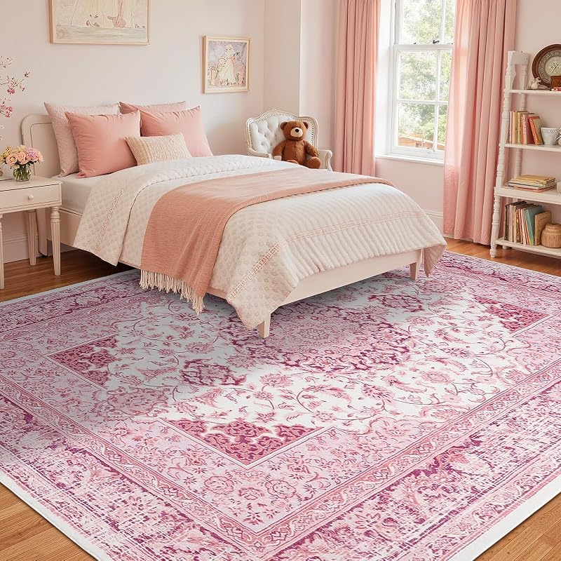Washable Vintage Area Rug 8x10 - Pink Medallion Distressed Rug with Non-Slip Backing (Variation: Pink & White+8' x 10' Rectangular)