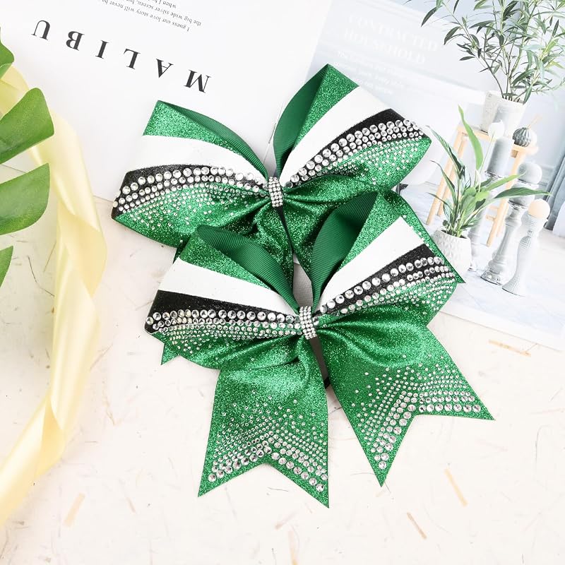 Glitter Cheer Bows 6 Pack Large 7-8 Inch Rhinestone Elastic Hair Bows for Cheerleaders Green Black White