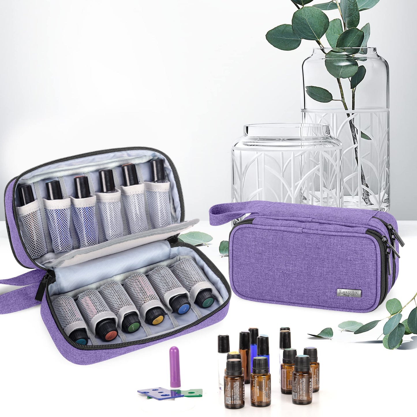LUXJA Essential Oil Carrying Case - Holds 12 Bottles (5ml-15ml, Also Fits for Roller Bottles), Portable Double-Layer Organizer for Essential Oil and Accessories, Purple